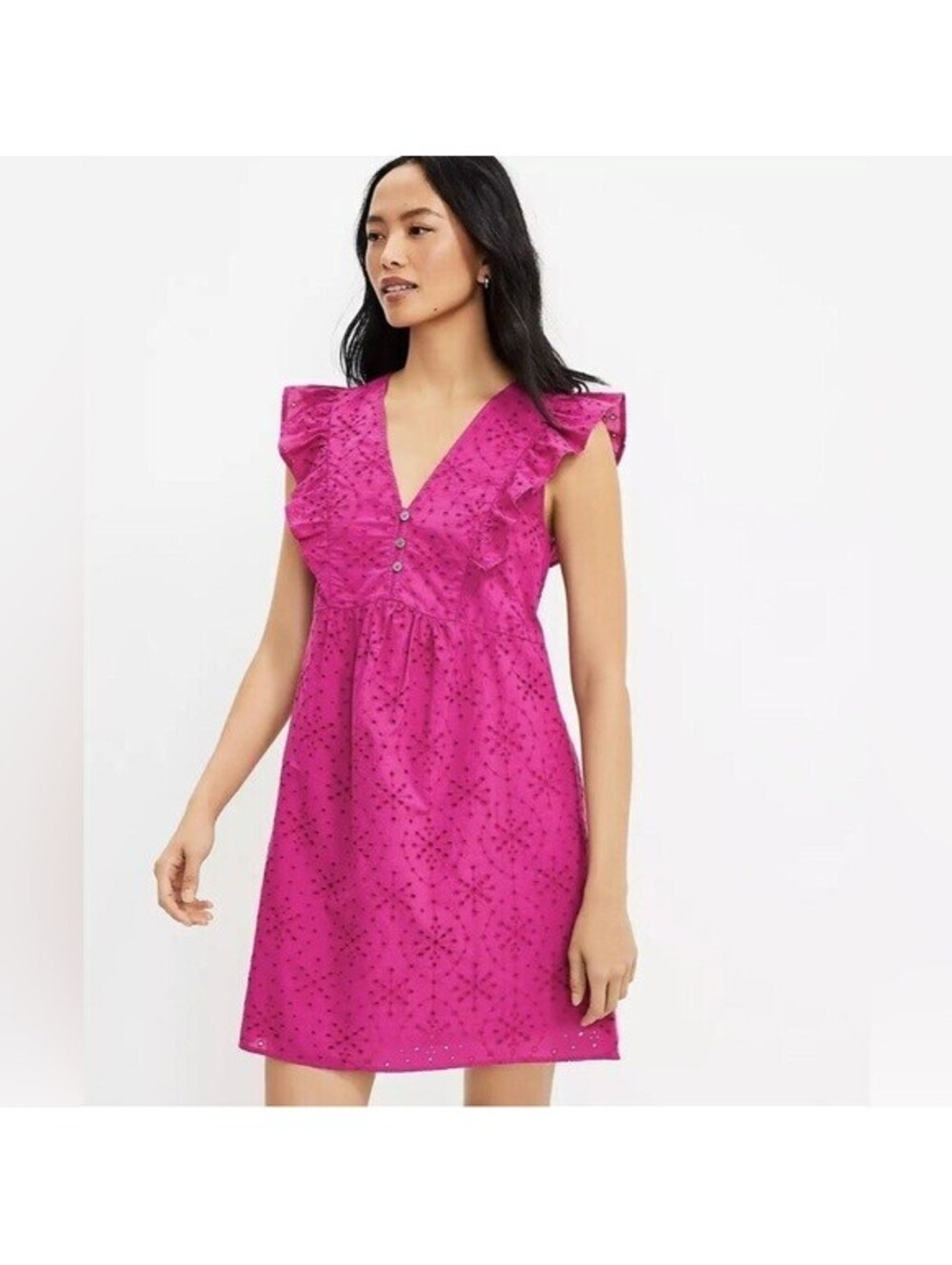Loft EUC Women's Fuschia Pink Eyelet Ruffle Front Sleeveless Dress Size M